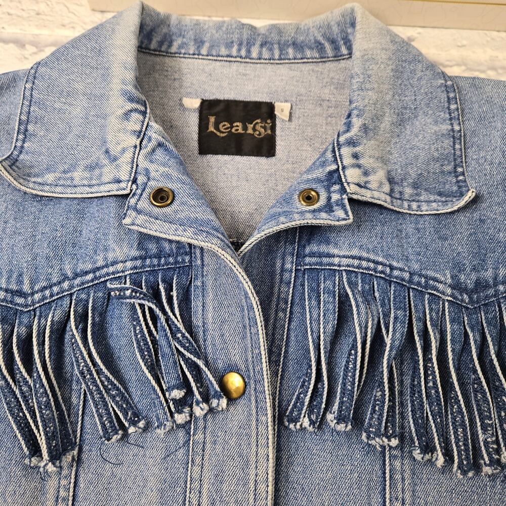 Vintage Learsi 90's Denim Jacket Fringe Yoke Arms 100% Cotton Faded size Small - Picture 7 of 15